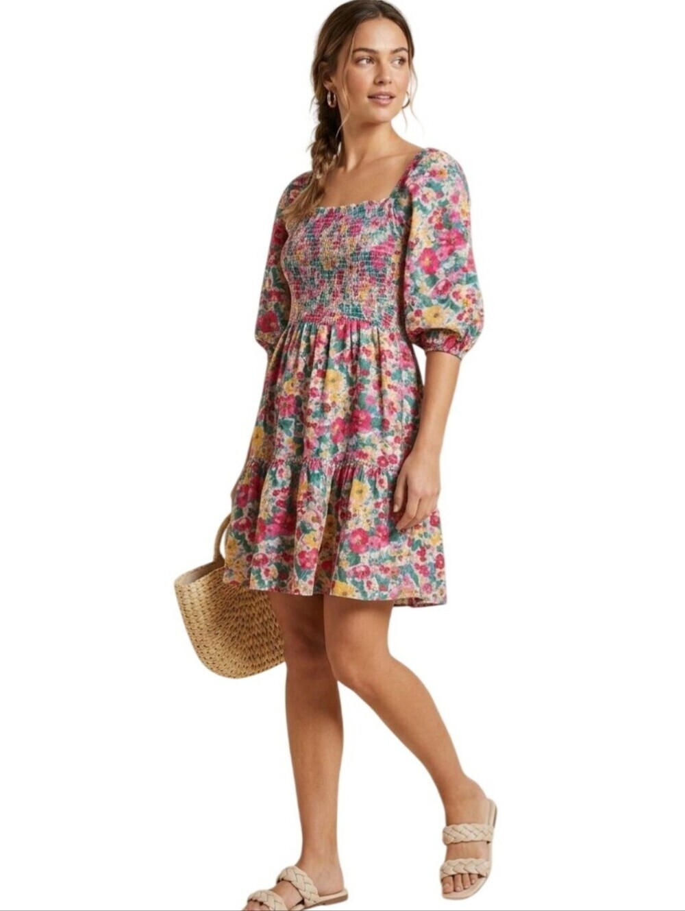 Kings Road Floral Square Neck Puff Sleeve Bohemian Cotton Dress Size XL